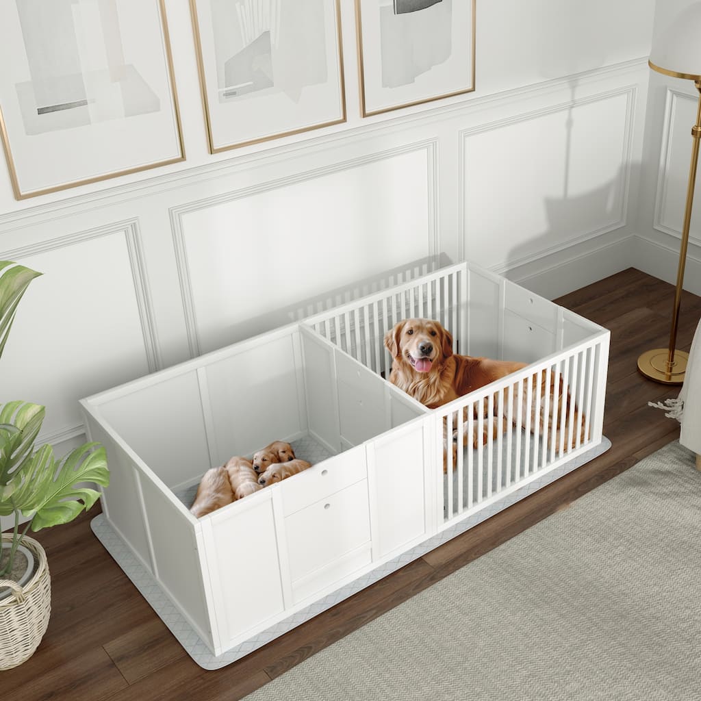 Whelping Box for Dogs Dog Kennel Dog House with Waterproof Pee Pad & Adjustable Door for Large Breed Dogs