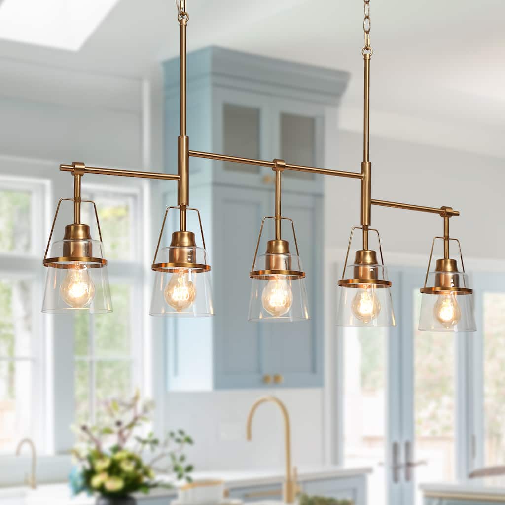 Modern Gold 5-Light Linear Chandelier Glass Kitchen Island Light - L 37.4" x W 5" x H 22.8"