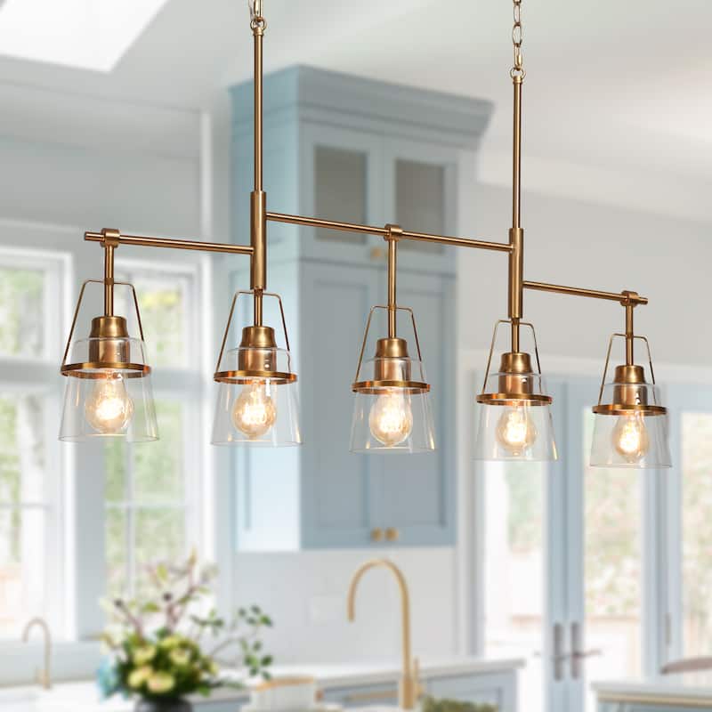 Modern Gold 5-Light Linear Island Chandelier Glass Pendant for Kitchen Island Dining Room - L 37.4" x W 5" x H 22.8"