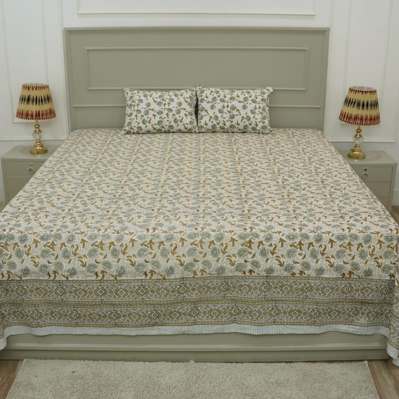 Fabdivine Cotton Hand Block Floral Flat Sheet Bed Room Home Décor Accent Gift - Vasundhra- Mustard, Brown - Full