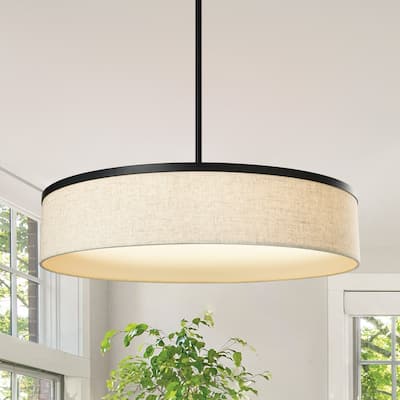 Farmhouse Drum Chandelier Integrate LED Ceiling Pendant w Fabric Shade