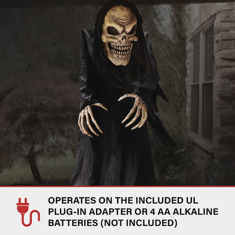 Haunted Hill Farm Colossal the Hunched Skeleton Reaper by Tekky, Premium Talking Halloween Animatronic, Plug-In or Battery