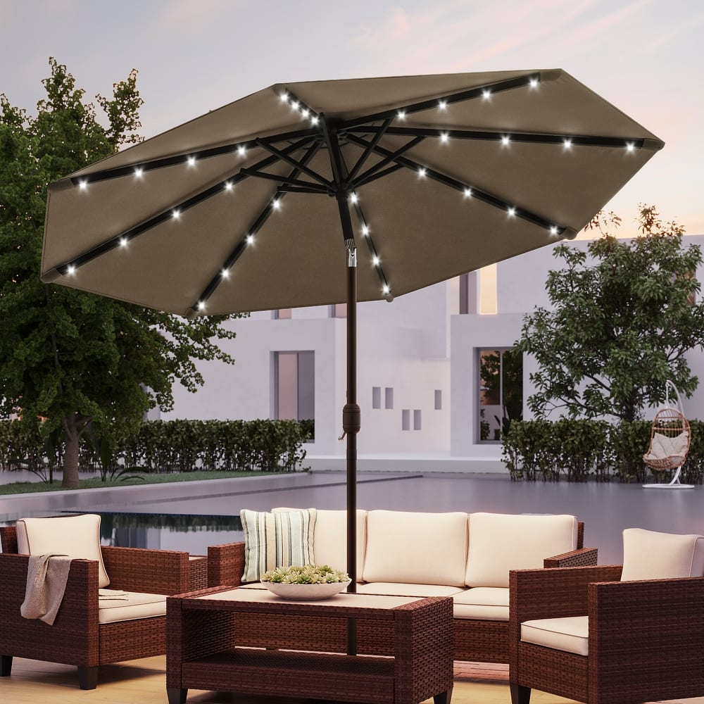 BONOSUKI Patio 10Ft LED Market Umbrellas With Solar Lights, Table Umbrella for Patio and Outdoor With Tilt Button