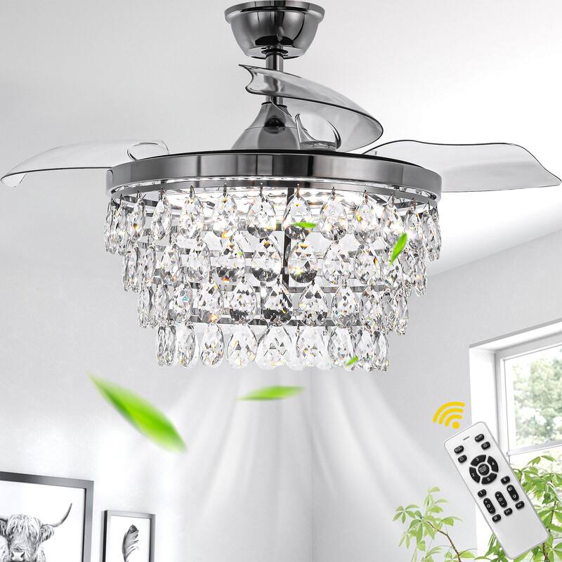 Bella Depot 42" Retractable Crystal Ceiling Fan with Light and Remote 6-Speed Reversible Fan