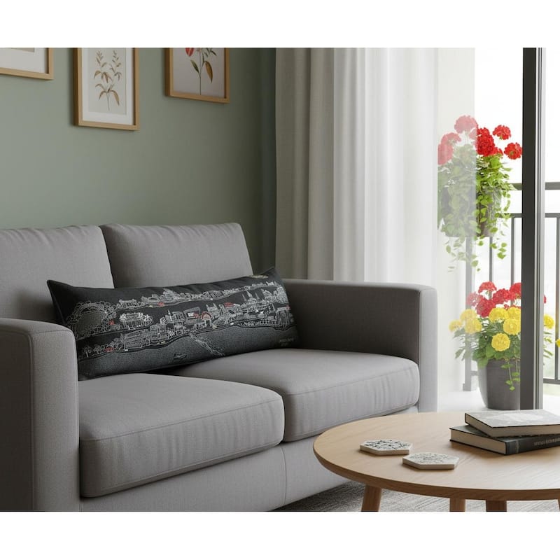 HomeRoots 14" X 46" Dark Gray And White New Orleans Nighttime Skyline Lumbar Decorative Pillow