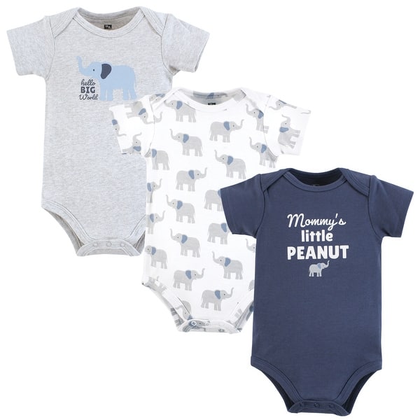 slide 1 of 1, Hudson Baby Cotton Bodysuits, Blue Elephant Peanut 0-3 Months - Blue Elephant Peanut