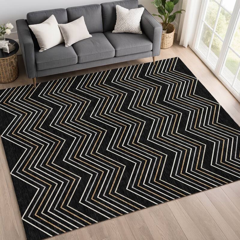 Machine Washable Indoor/ Outdoor Modern Chevron Chantille Rug