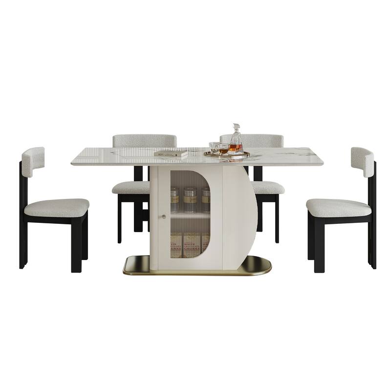 5-Piece Dining Table Set with Storage Cabinets, Kitchen Table Set with 4 Velvet Chairs for Dining Room