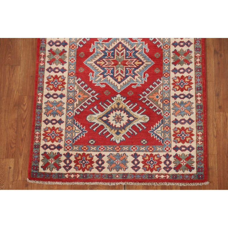 Red Kazak Runner Rug Handmade Wool Carpet - 2'8" x 7'10"