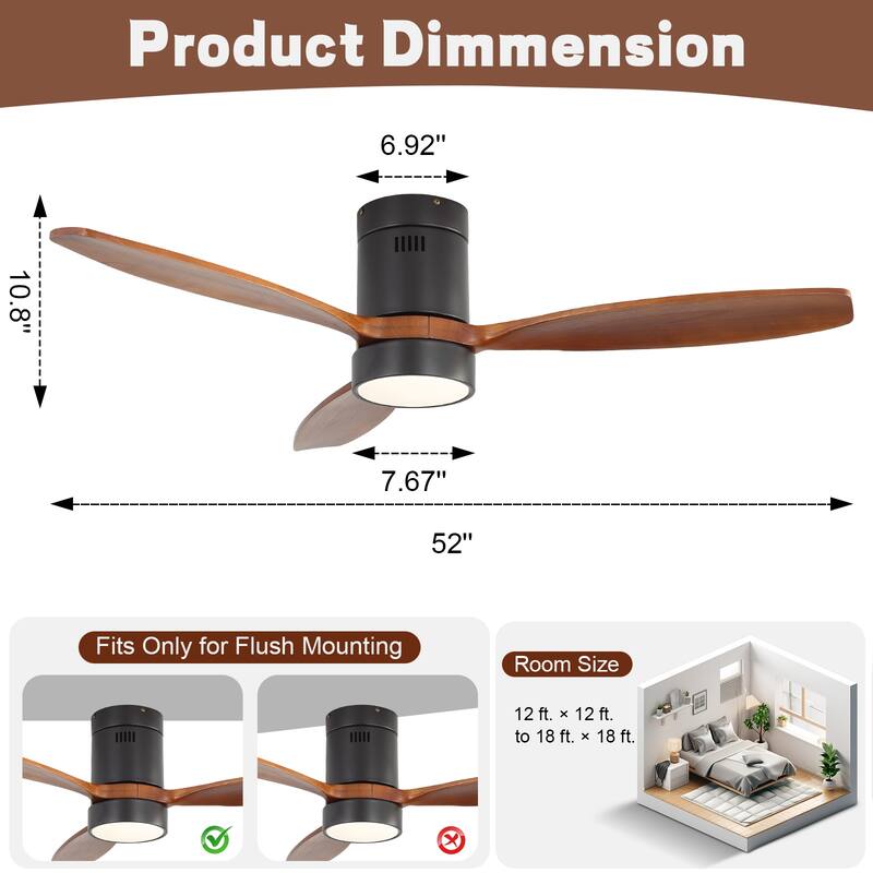 Sofucor 52 Inch Noiseless Flush Mount Ceiling Fan with Remote/Smart App Control,Dimmable Lights Optional,Reversible Motor