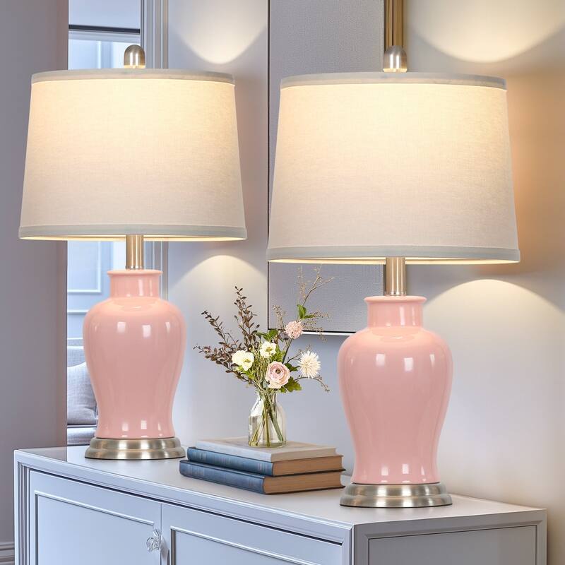 23-Inch Ceramic Ginger Jar Table Lamp with White Fabric Shade and LED Bulb