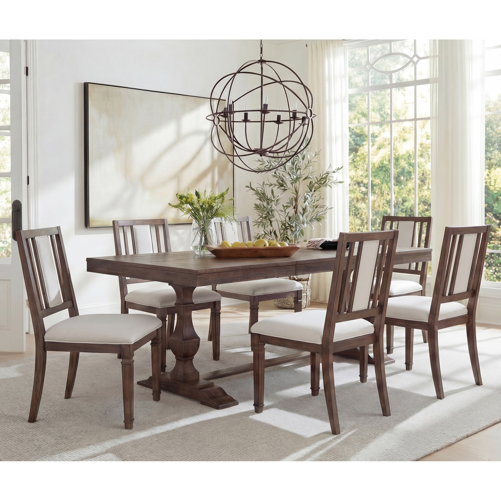 7-pieces Farmhouse Dining Table Set for 6, 74.8" Kitchen Table with Chairs, Solid Wood Legs and Upholstered Back