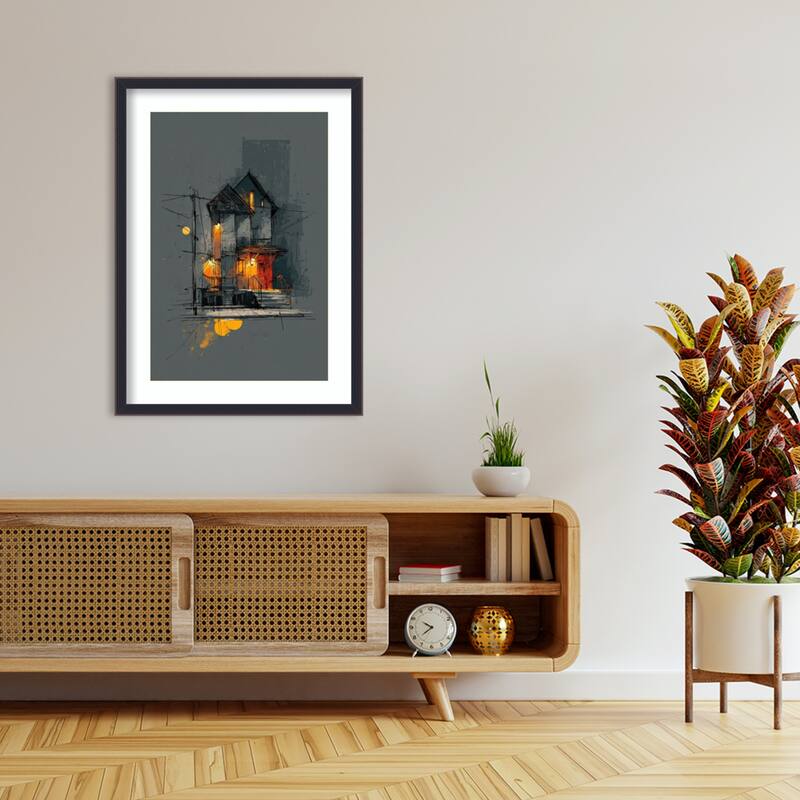 Asian Storefront Orange Lanterns Rainy Night Architecture by Tradelink inhouse artist Wood Framed Wall Art Print