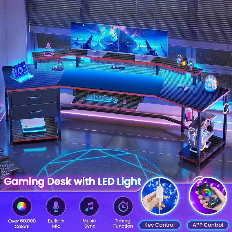 79" Gaming Desk 2 Fabric Drawers Gaming Table Power Strip & LED Lights