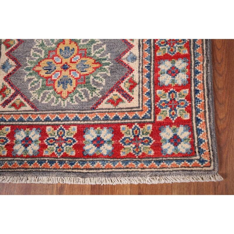Geometric Kazak Accent Rug Handmade Grey Wool Carpet - 2'1" x 2'11"