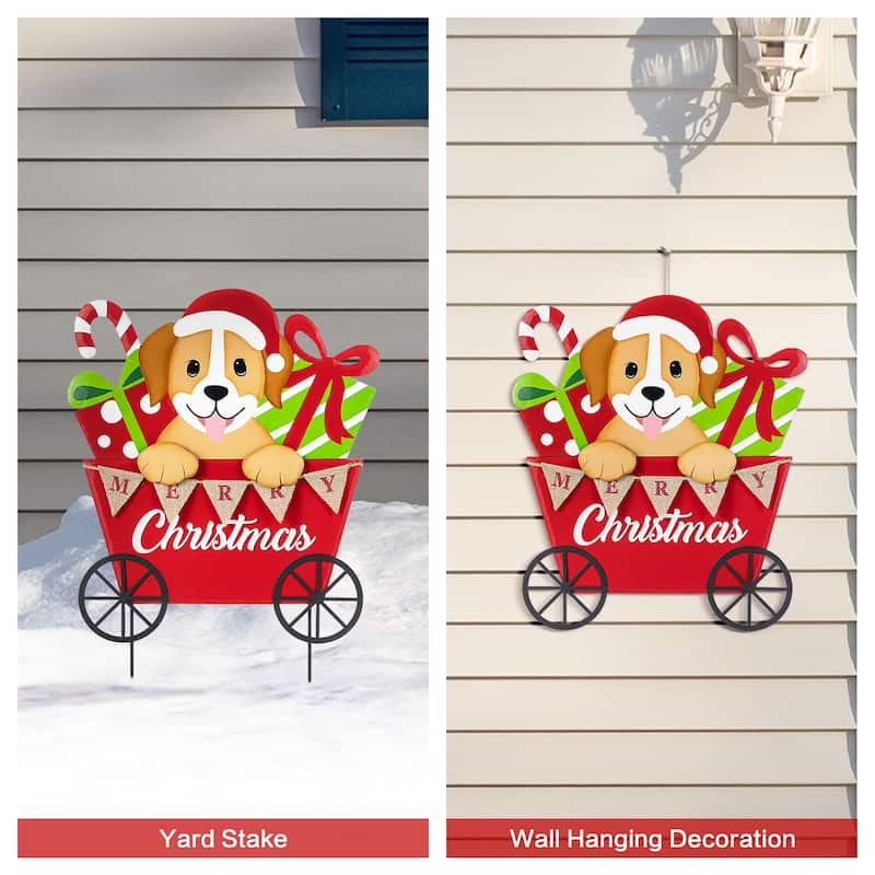 Glitzhome Metal Christmas Dog and Gift Cart Yard Stakes Xmas Wall Decor