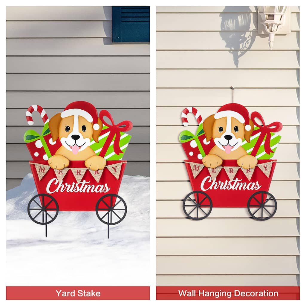 Glitzhome Metal Christmas Dog and Gift Cart Yard Stakes Xmas Wall Decor