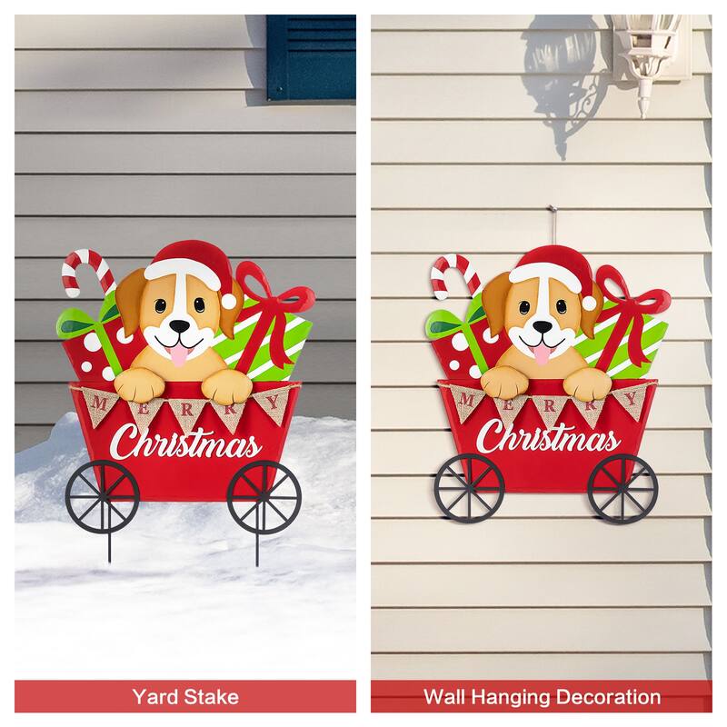 Glitzhome Metal Snowman Santa Yard Stakes Christmas Dog and Gift Cart Wall Decor