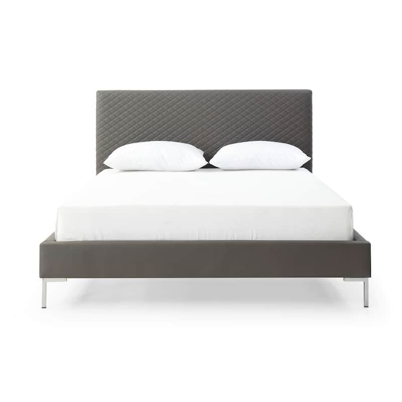 Mid-Century Modern Bed - Fully Upholstered Gray Faux Leather Platform Bed with Chrome Legs