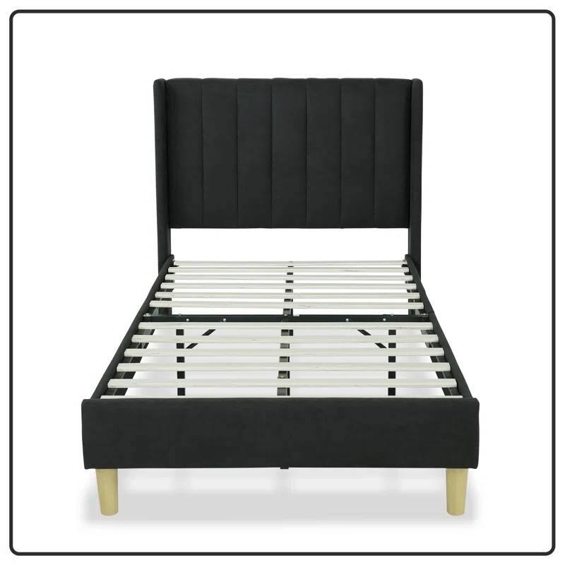 Twin Size Mid Century Modern Platform Bed Frame with Upholstered Headboard Linen No Box Spring Needed