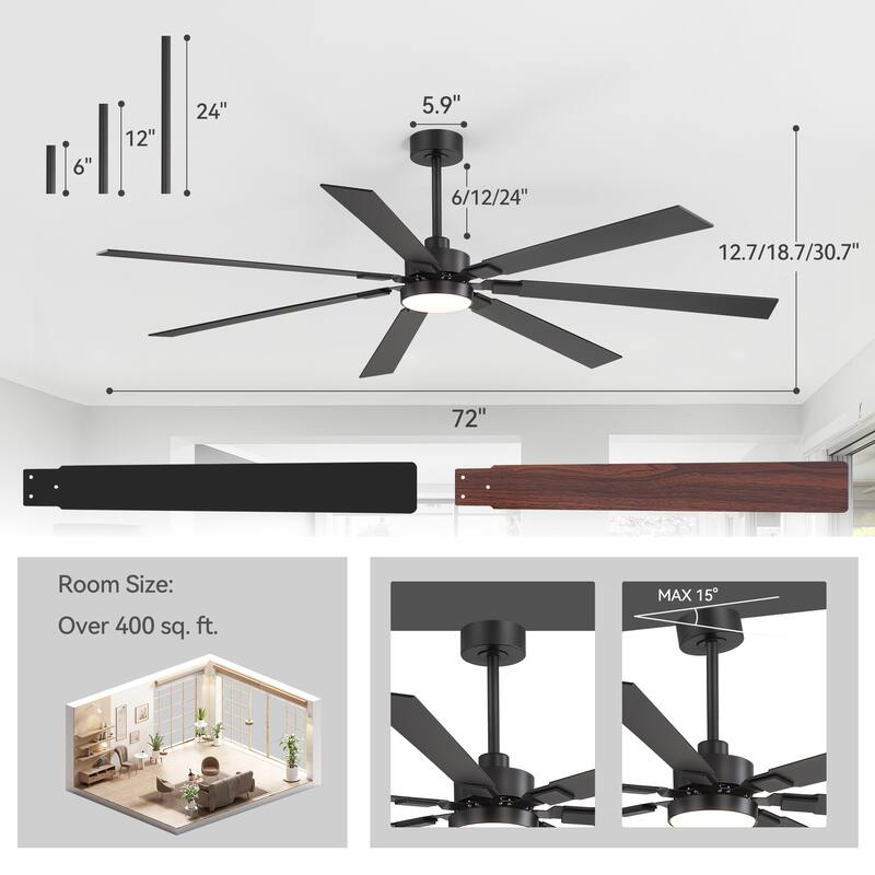 Large 72" Reversible 7-Blade Integrated Ceiling Fan with LED Light and Remote