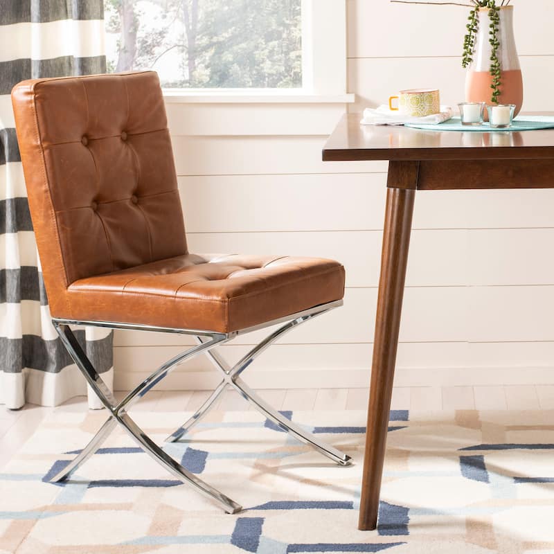 SAFAVIEH Merrilee Glam Black Chrome Tufted Side Chair - 19Wx23Dx35H - Light Brown/Chrome
