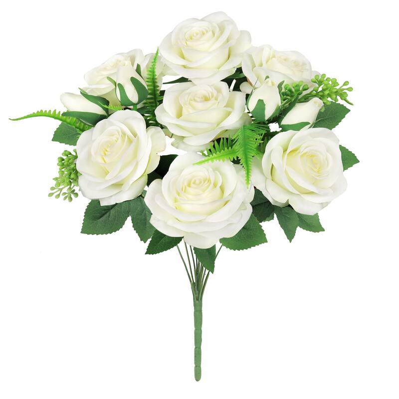 Set of 2 Cream White Artificial Rose Flower Stem Bush Bouquet 18in - 18" L x 10" W x 10" DP
