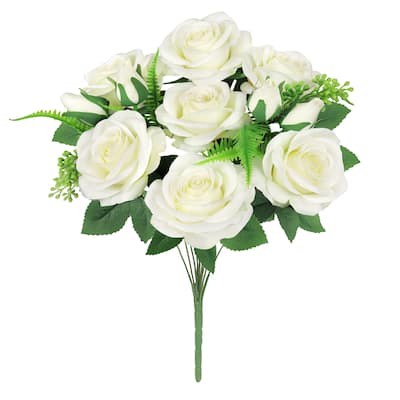 Set of 2 Cream White Artificial Rose Flower Stem Bush Bouquet 18in - 18" L x 10" W x 10" DP