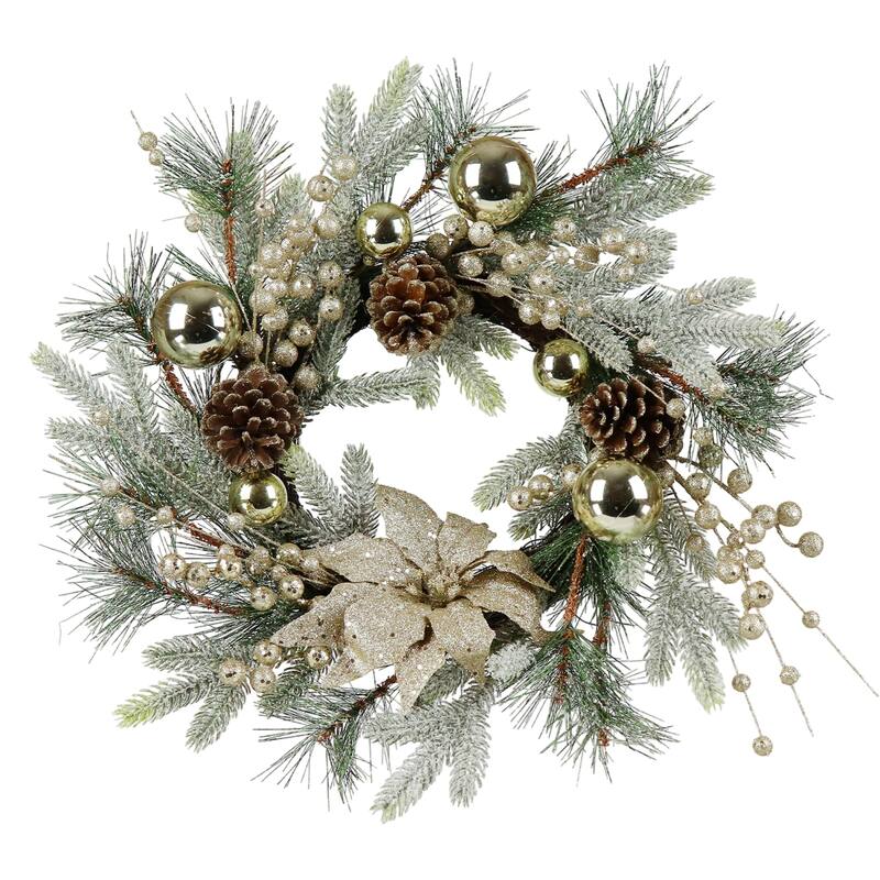 Christmas Wreath Wall Decor with Lights Balls Pine Cones Golden Berries Pine Needle and Christmas Flower for Outdoor Indoor