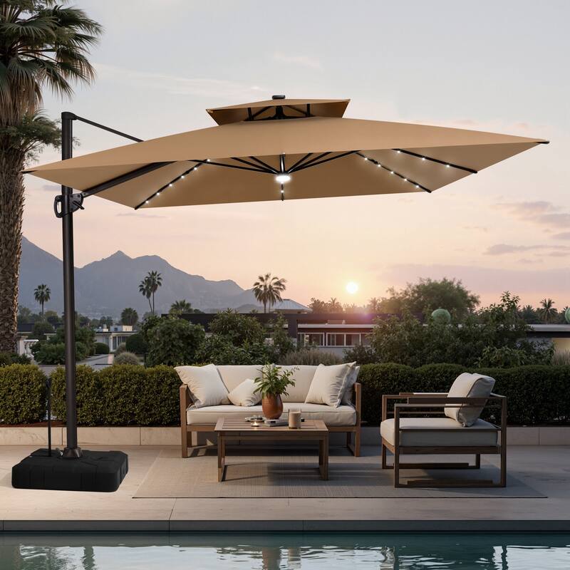11 FT Outdoor Square Solar-powered LED Double Top Patio Cantilever Offset Umbrella and Base with Wheels and Drag Rod - Tan