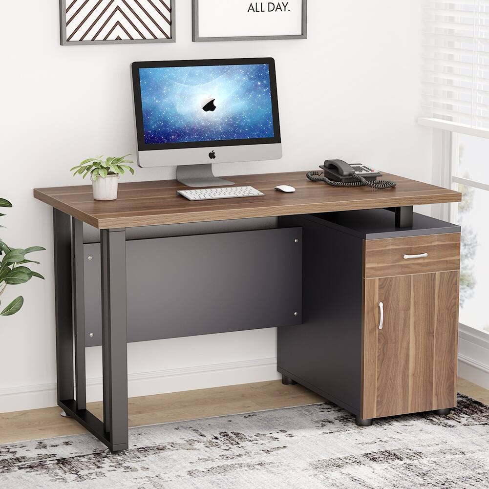 Modern Computer Desk with Storage Cabinet, Drawer