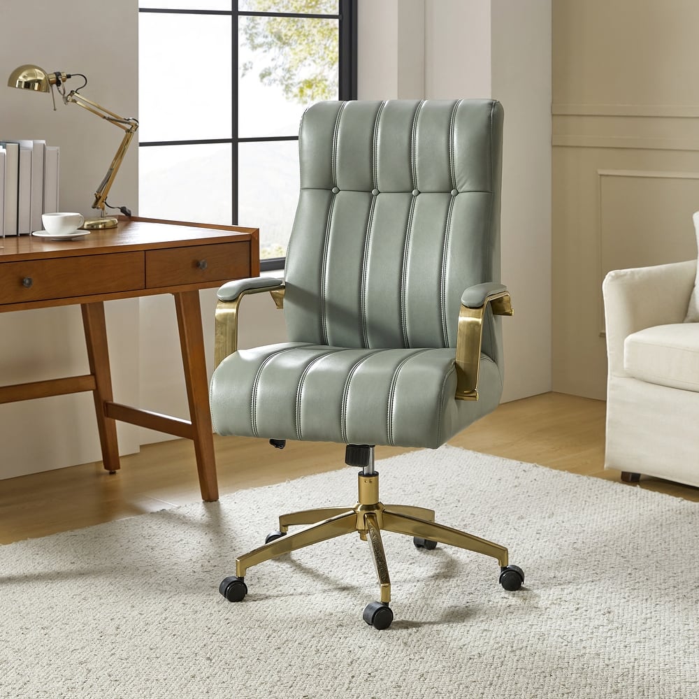 Curtiz Mid-Century Modern Vegan Leather Swivel Tilting Office Chair with Channel Tufted and Metal Feet by HULALA HOME