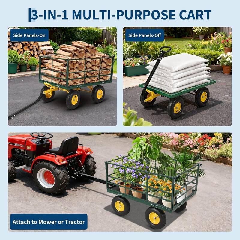 Heavy Duty 3-in-1 Yard Garden Wagon Cart with Removable Side Panels for Outdoor Lawn, Yard, 1500 LB Load
