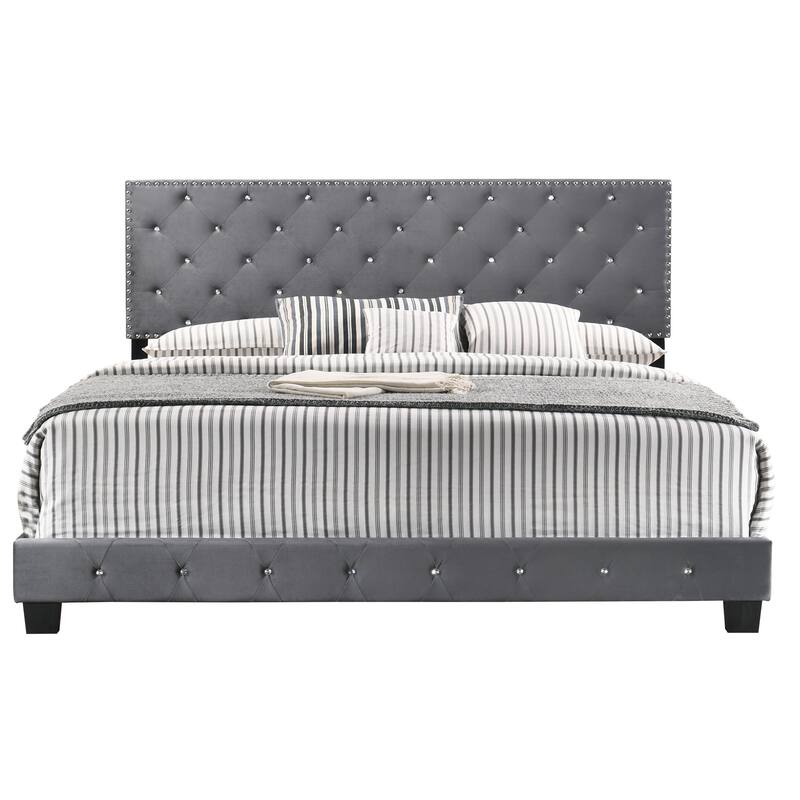 Suffolk Velvet Upholstered Jewel Accent Tufted Nailhead Panel Bed