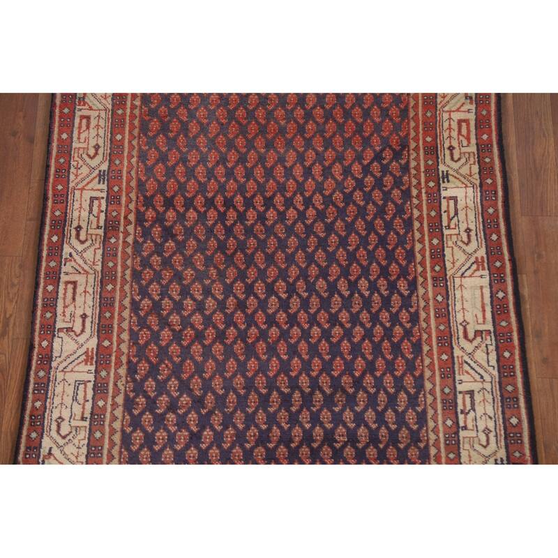 Hand Knotted Oriental 100% Wool Carpet Traditional All-Over Navy Blue & Blues Botemir Runner Rug - 10' 1'' X 3' 4''