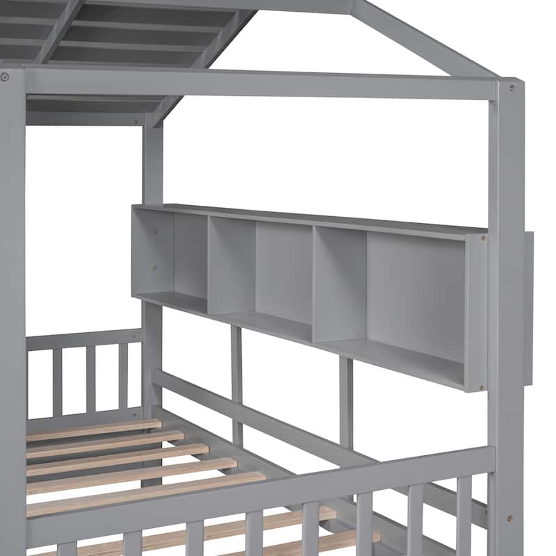 Twin Wooden House Bed with Roof, Drawers, and Shelf