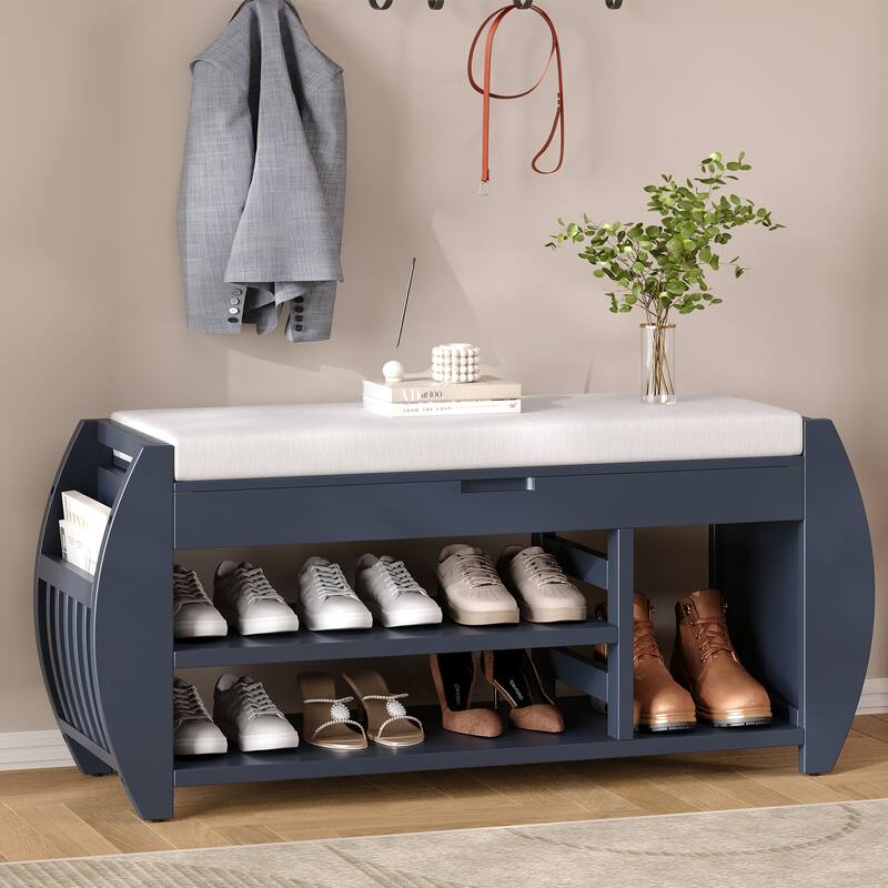 Shoe Bench 2-Tier Storage Bench with Cushion & Curved Side Holder, Wooden Panel Shoe Rack Organizer for Entryway, Living Room