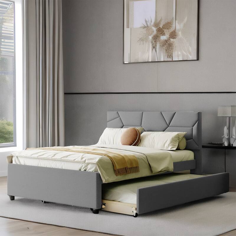 Full Size Upholstered Platform Bed with Twin Size Trundle - Grey