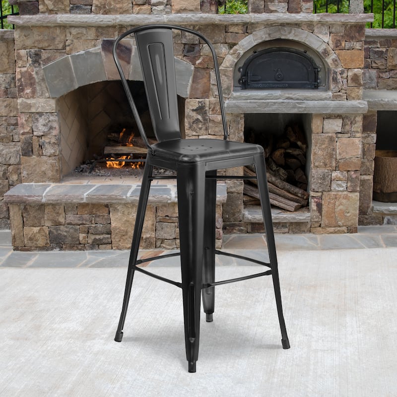 30" High Distressed Metal Indoor-Outdoor Barstool with Back - 18"W x 19"D x 46"H - Black