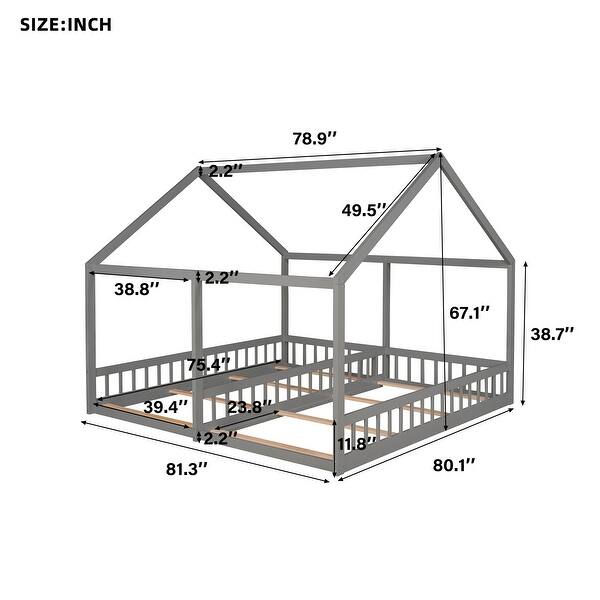 dimension image slide 1 of 2, Twin Size House Platform Bed Frame with Fence,Two Shared Beds