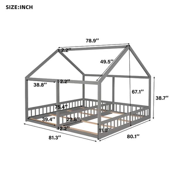 dimension image slide 1 of 2, Twin Size House Platform Beds, 2-in-1 Shared Beds with Railing, Sturdy Pine and MDF Construction, Safe Design, Grey