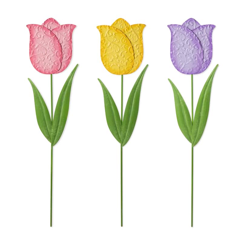 Glitzhome 24"H Easter Metal Tulips Yard Stakes Garden Decor(Set of 3) - 24"