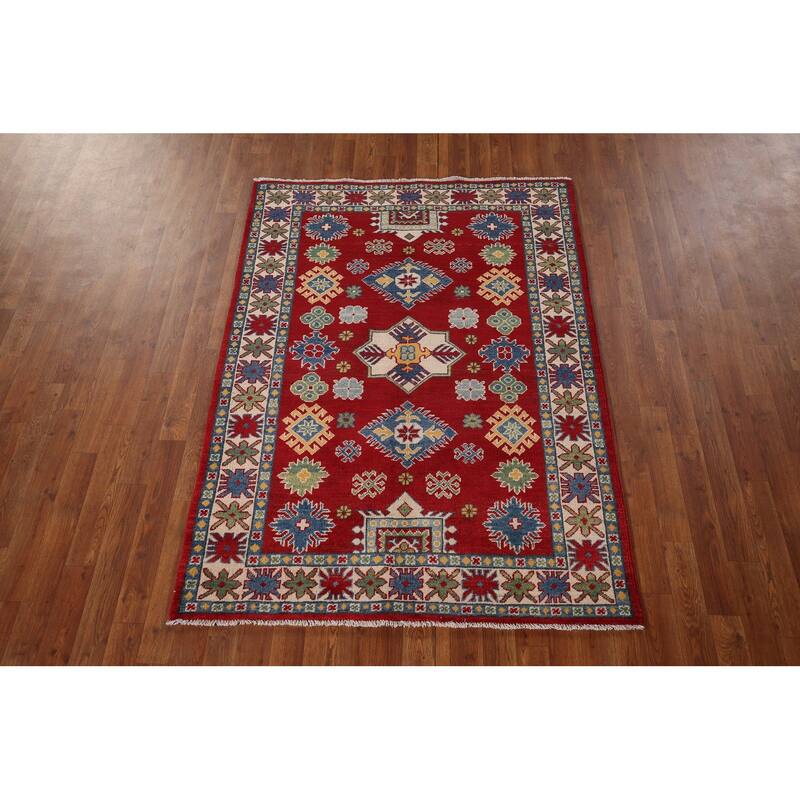 Oriental Kazak Area Rug Hand-Knotted Geometric Red Wool Carpet - 4'0" x 5'8"