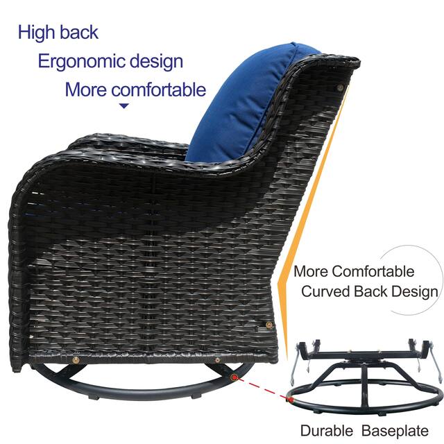 OVIOS 3-piece Rattan Wicker Rocking Swivel Chair Set