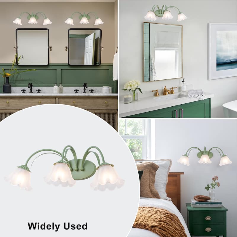 Green Metal Flower Frosted Glass Wall Sconce for Bathroom Vanity