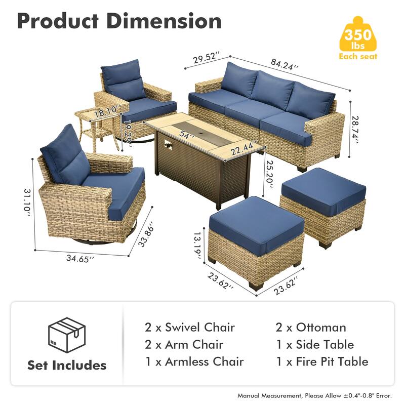OVIOS 9-Piece T shaped Seat 54" Fire Table Swivel Chair Patio Conversation Set