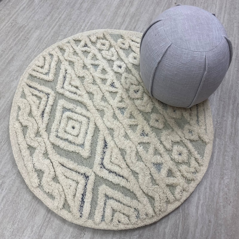 Sevita Contemporary Tufted Geometric Motif Round Rug - 4' Round - Grey/Cream/Light Blue/Navy