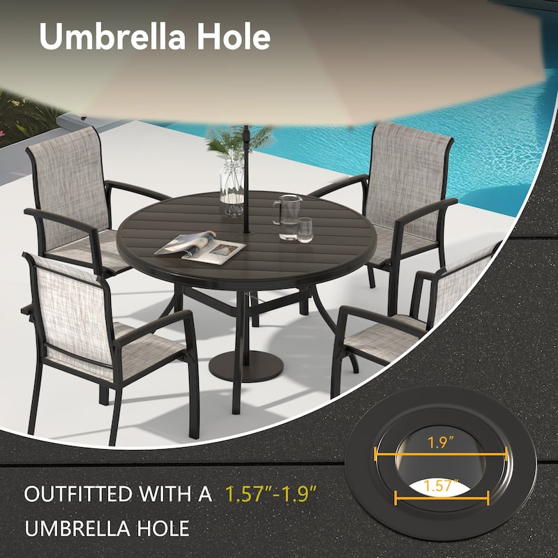 5-Piece Outdoor Dining Set‌ – Includes 4 Stackable Chairs & 40.6" Round Metal Table.