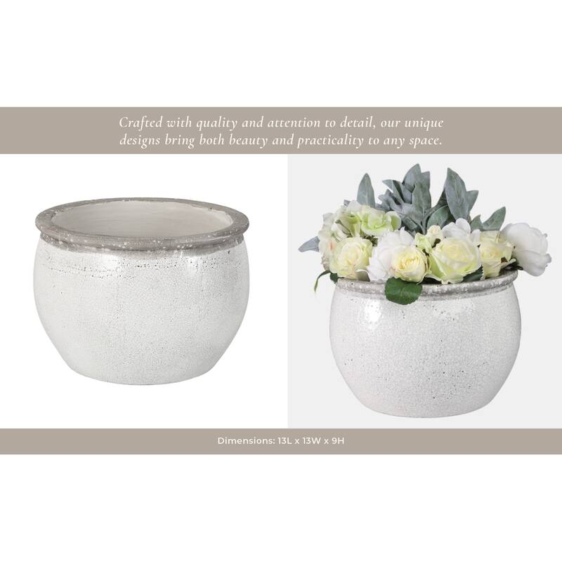 Terracotta Planter with Crackled Glaze and Rounded Rim Design - 13" x 13" x 9"