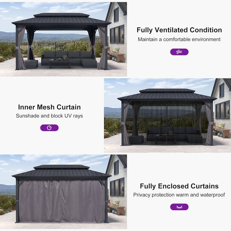 PURPLE LEAF Gazebo Grey Outdoor with Dual-Layer Galvanized Steel Double Roof Aluminum Gazebo with Netting and Curtains